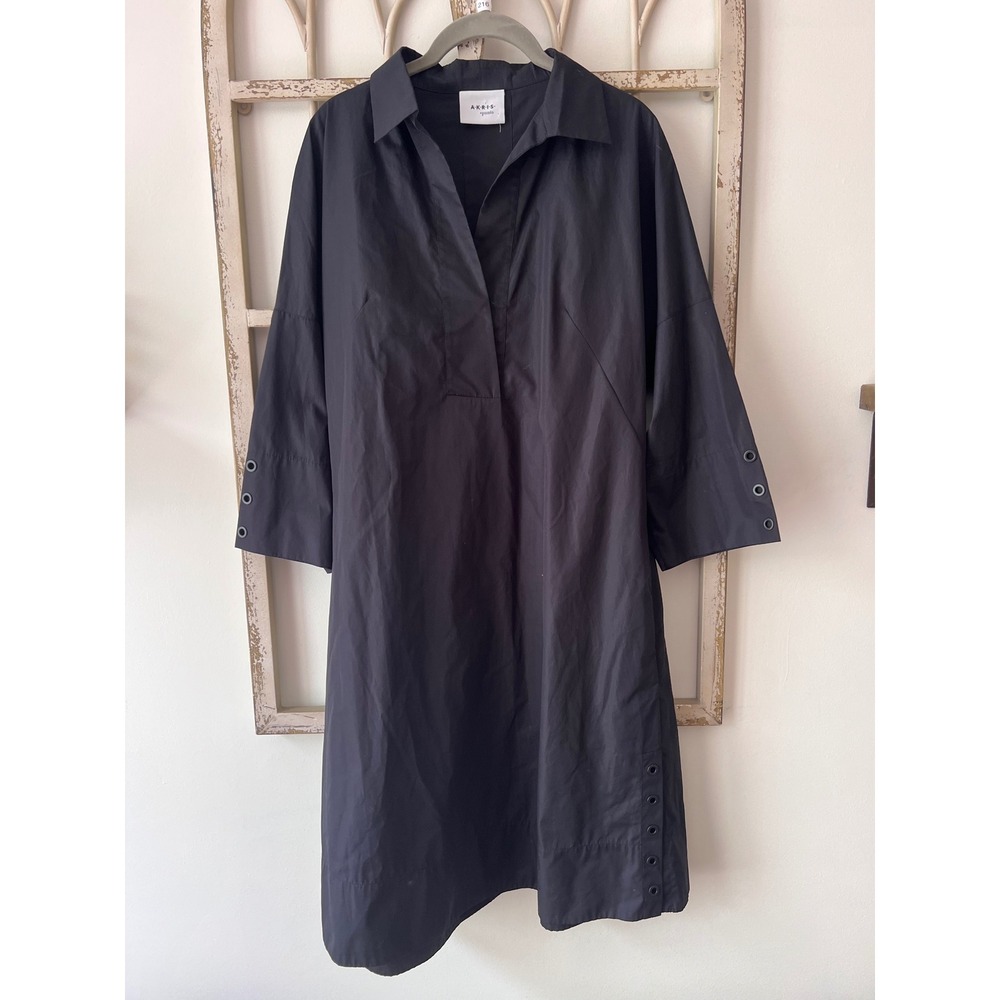 Akris Punto Black Cotton Poplin Grommet Detail V-Neck Shift Shirtdress US 8